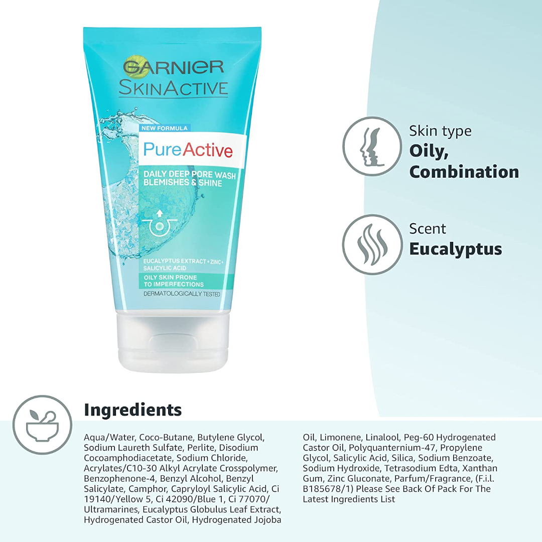 Garnier Pure Active Anti Blemish Deep Pore Face Wash For Oily Skin 150 ml