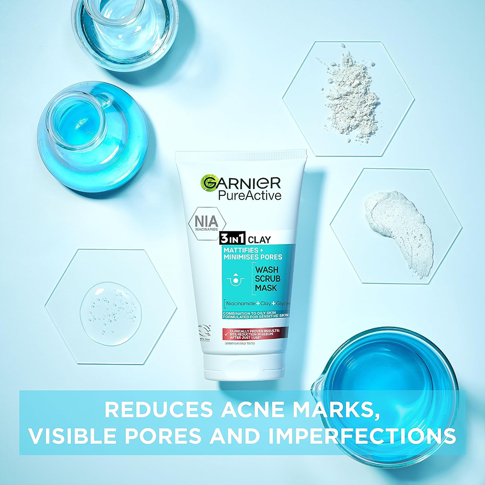 Garnier Pure Active 3in1 Clay Mask-Wash-Scrub 150ml Garnier Pure Active 3in1 Clay Mask-Wash-Scrub 150ml