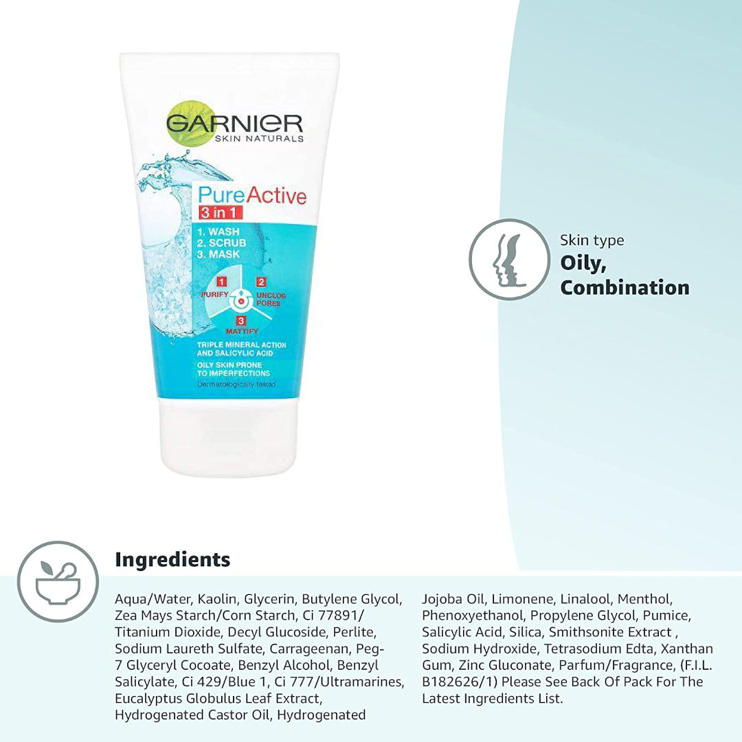 Garnier Pure Active 3in1 Clay Mask-Wash-Scrub 150ml Garnier Pure Active 3in1 Clay Mask-Wash-Scrub 150ml