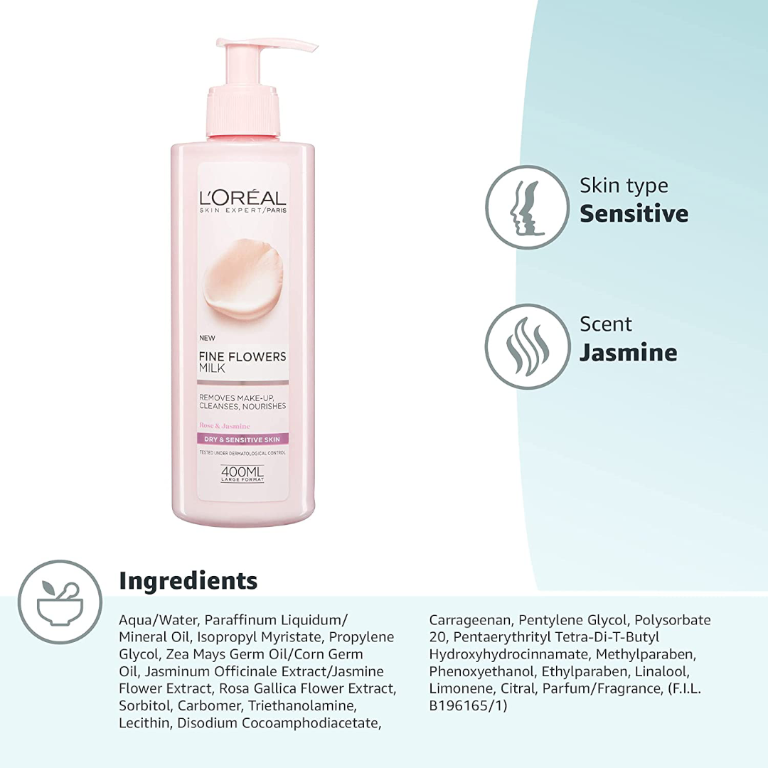 L'Oreal Paris Fine Flowers Cleansing Milk Lotion Makeup Remover Dry Sensitive Skin 400 ml L'Oreal Paris Fine Flowers Cleansing Milk Lotion Makeup Remover Dry Sensitive Skin 400 ml
