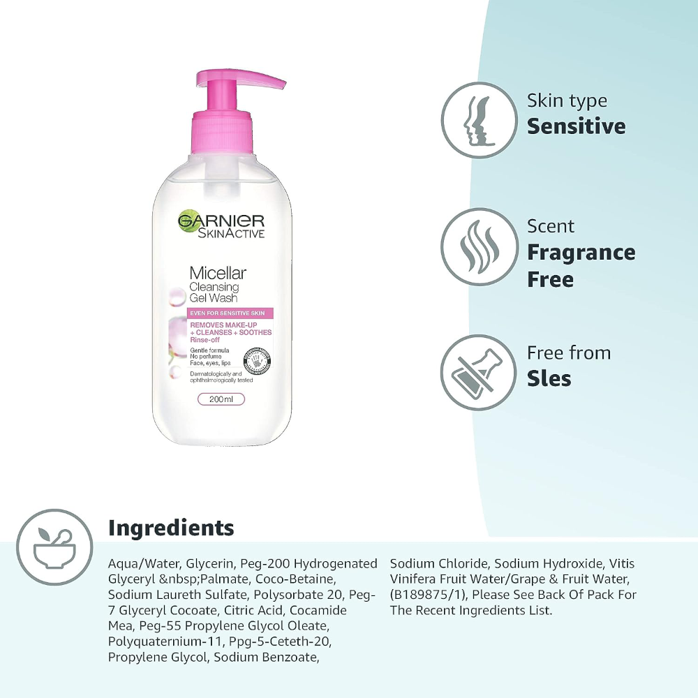 Garnier Micellar Cleansing Gel Wash For Sensitive Skin 200 ml | D-N Mart Garnier Micellar Cleansing Gel Wash For Sensitive Skin 200 ml | D-N Mart